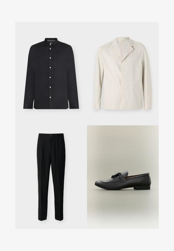 Veste beige clair fabriquée en tissu texturé, dotée d'un col cranté et de trois boutons sur le devant, avec des manches longues et un ourlet droit.; Chemise noire à manches longues boutonnée avec des boutons blancs et un petit logo brodé sur la poitrine gauche, présentée sur un fond blanc.; Pantalon noir taille haute, ajusté, avec passants de ceinture, plis à l'avant, poches latérales et fermeture boutonnée avec zip.; Mocassin en cuir noir avec un bout arrondi, un gland décoratif et des détails cousus. Talon plat avec un profil élégant et une texture lisse.