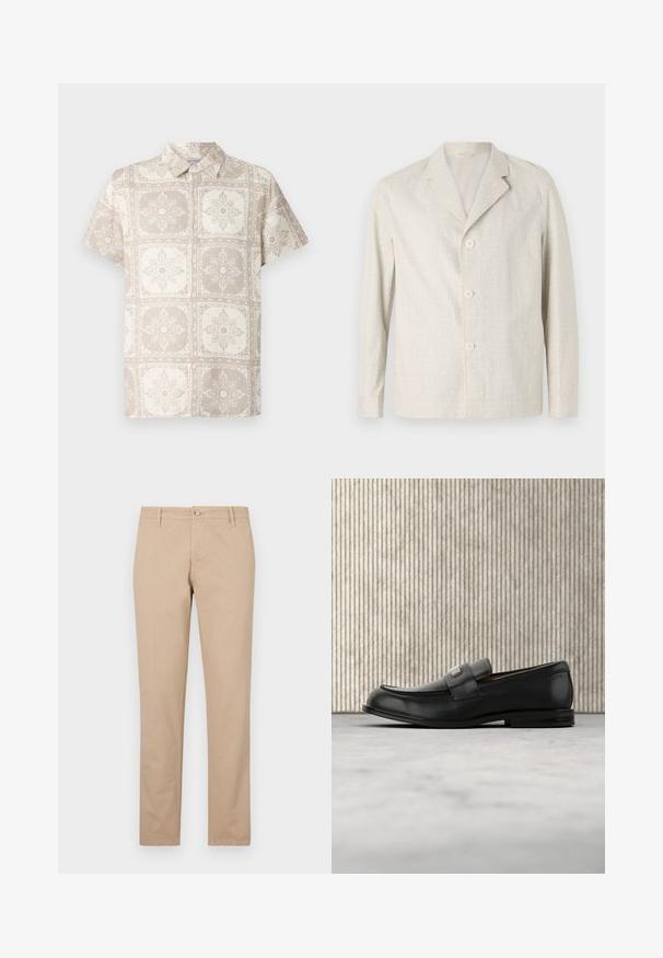 Lys beige jakke lavet af tekstureret stof, med reverskrave og tre knapper fortil, lange ærmer og en lige kant.; Kortærmet skjorte med knapper i beige med et gentaget blomsterdesign. Fremstillet af et let stof med et naturligt, struktureret udseende.; Beige bukser lavet af bomuld med lige ben, der har en frontknaplukning, sidelommer og subtile teksturdetaljer.; Sort læderloafer med metalbrandskilt hvilende nær et brunt rundt bord på beige tæppe.