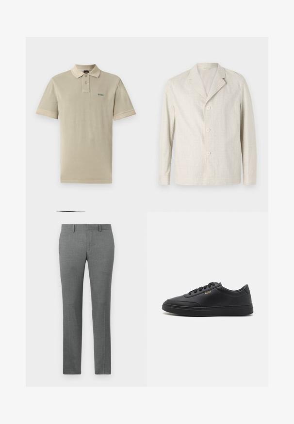 Lichtbeige jacket van textuurstof, met een ingesneden kraag en drie knopen aan de voorkant, met lange mouwen en een rechte zoom.; Beige poloshirt van katoen met een contrasterende kraag en mouwboorden. Heeft een groen "BOSS" logo op de linkerkant van de borst.; Grijze op maat gemaakte broek met een gladde textuur, rechte pijpdesign, riemlussen en een subtiel visgraatpatroon doorheen.; Zwarte leren sneakers met een gladde textuur, ronde neus, platte rubberen zool en tonale veters. Kenmerkt zich door de gouden "BOSS" branding aan de zijkant.