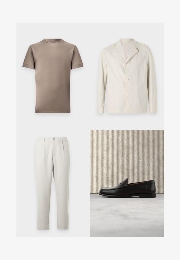 Lichtbeige jacket van textuurstof, met een ingesneden kraag en drie knopen aan de voorkant, met lange mouwen en een rechte zoom.; Bruine t-shirt met korte mouwen van gladde stof, met een ronde halslijn en afgebiesde mouwen, met een schone, eenvoudige uitstraling.; Lichtbeige broek met een ontspannen pasvorm en een lichte glans, voorzien van een elastische tailleband, steekzakken aan de voorkant en een taps toelopende pijp.; Zwarte leren penny loafer met lage hak, afgeronde neus en gestikte details langs de voorkant en zijkanten, afgebeeld op een neutrale achtergrond.