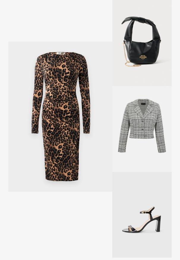 Zwart-witte tweed cropped blazer met lange mouwen, notched kraag en knoopsluiting op een effen achtergrond.; Langsleeve, jurk tot de knie met gerimpelde taille in bruine en zwarte luipaardprint stof.; Zwarte patenten leren hoge hakken sandaal met enkelbandje, open teen en vierkante hak. Vlotte textuur en minimalistisch ontwerp.; Zwarte zachte leren Love Moschino handtas met geknoopt handvat en gouden kettingriem op een witte achtergrond.