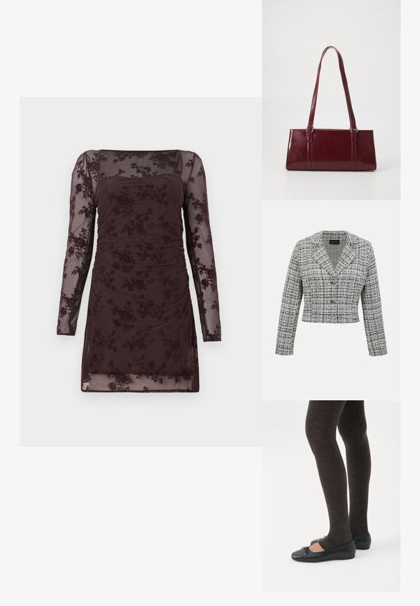 Μαύρο-λευκό tweed cropped σακάκι με μακριά μανίκια, γιακά με εγκοπή και κλείσιμο με κουμπιά σε μονόχρωμο φόντο.; Βυσσινί φόρεμα με κοντά μανίκια, διακοσμημένο με δαντέλα με λουλούδια, ρυτιδιασμένη υφή, τετράγωνο ντεκολτέ και διάφανα μακριά μανίκια.; Πόδια με σκουρόχρωμα ριμπ κολάν συνδυασμένα με μαύρα μπαλαρίνα παπούτσια με μικρές λεπτομέρειες φιόγκων σε λευκό φόντο.; Μπορντό τσάντα ώμου από γυαλιστερό υλικό, ορθογώνιο σχήμα, με δύο ιμάντες ώμου και λεπτές καμπύλες λεπτομέρειες στο μπροστινό μέρος.