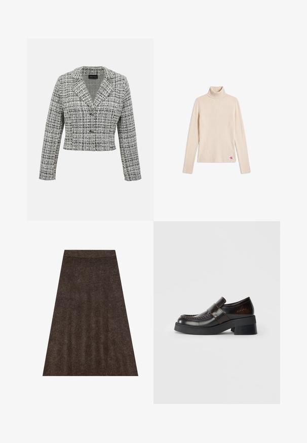 Blazer court en tweed noir et blanc avec manches longues, col à cran et fermeture par boutons sur un fond uni.; Pull beige côtelé à col roulé manches longues avec un petit patch logo près de l'ourlet inférieur sur fond blanc.; Jupe en tricot marron avec une conception évasée, une taille élastique et une texture subtile. Le tissu semble doux et chaud.; Mocassins en cuir marron avec un large talon noir, présentant un design cousu et une sangle traversant le dessus pour un détail supplémentaire.