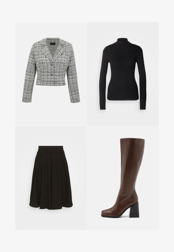 Blazer court en tweed noir et blanc avec manches longues, col à cran et fermeture par boutons sur un fond uni.; Pull à col roulé noir en maille légère. Il possède des manches longues, une coupe ajustée et une texture côtelée douce.; Jupe plissée noire avec une large ceinture élastique. Fabriquée dans un tissu doux, elle présente un ourlet à mi-genoux et une texture lisse.; RAID RENZO - Bottes - brown