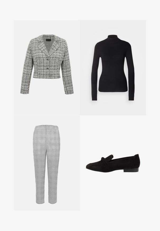 Blazer court en tweed noir et blanc avec manches longues, col à cran et fermeture par boutons sur un fond uni.; Pull à col roulé noir en maille légère. Il possède des manches longues, une coupe ajustée et une texture côtelée douce.; Pantalons à carreaux gris et noirs avec une coupe décontractée, dotés d'une taille élastique et de jambes droites, fabriqués dans un tissu lisse.; Chaussure plate en suède noir avec un détail noué à l'extrémité, texture lisse, forme pointue et talon bas rectangulaire.