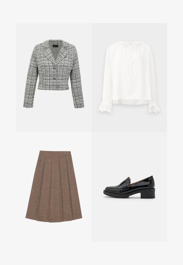 Sort-hvid tweed kort blazer med lange ærmer, snit krave og knaplukning på en ensfarvet baggrund.; Hvid langærmet bluse lavet af glat stof, med rund halsudskæring, knaplukning og blondebesatte håndled. Justeres med et bånd ved halsen.; Plisseret nederdel i brunt stof med fiskebensmønster, med en tætsiddende talje og en udvidet silhuet, der giver en struktureret tekstur og design.; Sorte patenterede lædersko med en lav, chunky hæl, der har en frontrem detail og en tekstureret gummisål for godt greb.