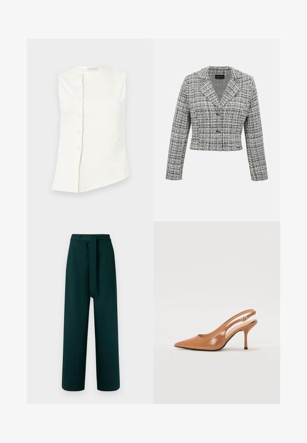 Blazer court en tweed noir et blanc avec manches longues, col à cran et fermeture par boutons sur un fond uni.; Haut blanc sans manches avec un col rond et une fermeture asymétrique à boutons sur le devant comportant six boutons sur le côté gauche.; Pantalon vert à coupe large, avec passants de ceinture, ceinture en tissu nouée et texture lisse ; présente une taille haute et aucun motif visible.; Escarpin à talon slingback à bout pointu en matériau beige lisse et brillant. Présente un design de découpes courbées et un talon aiguille fin. Détail de boucle en argent.