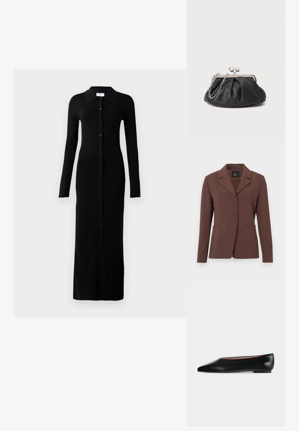 Braune, maßgeschneiderte Blazerjacke mit Reverskragen, einreihiger Knopfleiste mit vier Knöpfen und zwei Seitentaschen. Glatter Stoff und strukturierte Passform.; Schwarzes, geripptes Langarmkleid mit Kragen, das eine durchgehende Knopfleiste und eine figurbetonte Silhouette aufweist.; Schwarzer flacher Damenleder-Schuh mit spitzer Kappe und niedrigem Absatz, von der Seite auf einfarbigem hellgrauem Hintergrund gezeigt.; Schwarze Leder-Clutch mit geraffter Textur, silberfarbener Metallrahmen, Druckverschluss und Kettenriemen. Glatte, weiche Oberfläche.