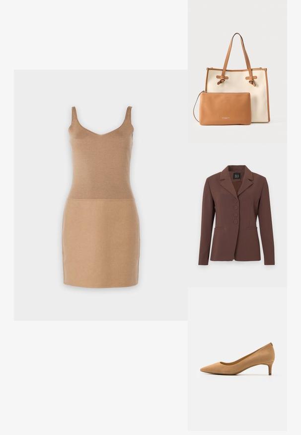 Blazer marrón hecho a medida con solapa con muesca, cierre frontal de un solo botón, cuatro botones y dos bolsillos laterales. Tejido liso y ajuste estructurado.; Vestido de punto sin mangas en un tono beige claro. Cuenta con un cuerpo ajustado y un diseño de falda recta. Textura suave con una silueta simple y elegante.; Zapato de tacón alto con punta afilada en ante color marrón claro, con un tacón bajo y una textura suave. Silueta clásica con un ligero detalle en la parte trasera.; Bolso tote de lona beige con detalles en cuero marrón, que cuenta con dos asas resistentes y una bolsa desmontable de cuero marrón.