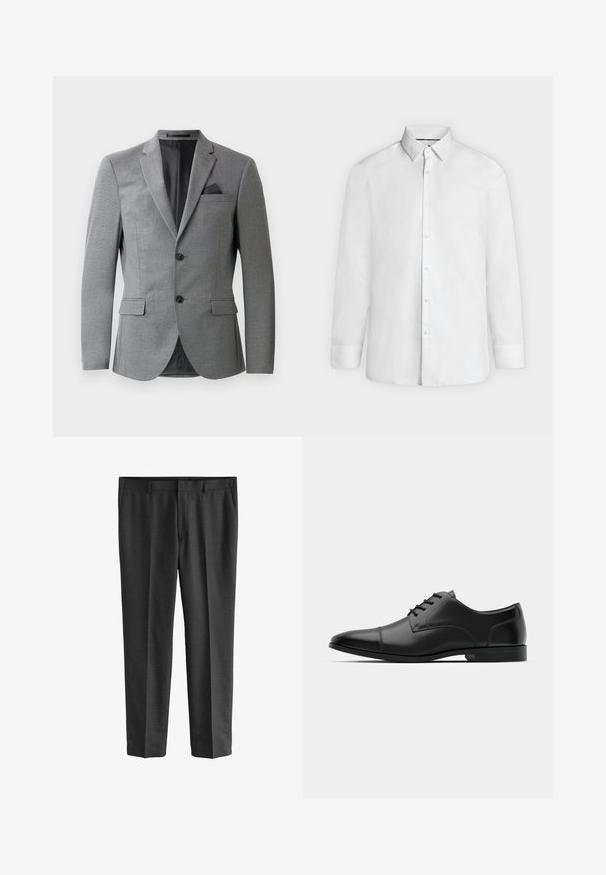 Blazer gris présentant un tissu texturé, un design à un seul bouton, deux poches avant et un col cranté élégant. Comprend un mouchoir de poche.; Chemise blanche à manches longues avec col à pointes et poignets boutonnés, présentée de face sur fond gris clair uni.; Pantalons gris sur mesure en tissu fin. Présentent des jambes droites, une texture lisse et un motif de tissage subtil. Poches avant visibles.; Chaussure habillée en cuir noir avec un bout arrondi, texture lisse, six œillets et une semelle noire basse. Présente une couture discrète sur le bout.