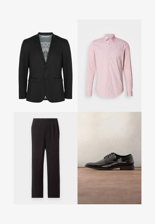 Blazer noir avec une coupe slim, fermeture à un bouton, deux poches frontales et doublure en satin. Tissu lisse et texturé avec un design classique.; Chemise boutonnière rose clair avec un motif rayé subtil, manches longues, col évasé et ourlet arrondi. Présente des boutons de couleur crème.; Pantalon noir taille haute sur mesure avec plis, fermeture par boutons, passants de ceinture et jambes droites sur un fond clair uni.; Chaussure de dress en cuir verni noir avec un bout arrondi, un design à lacets et une surface lisse et brillante. Dispose d'une semelle en caoutchouc discrète.