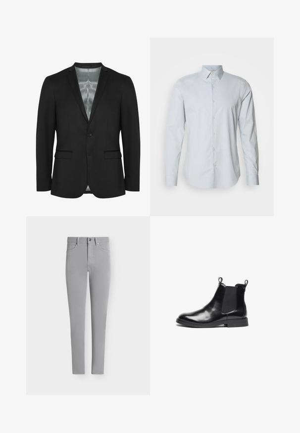 Blazer noir avec une coupe slim, fermeture à un bouton, deux poches frontales et doublure en satin. Tissu lisse et texturé avec un design classique.; Chemise habillée bleu clair à manches longues avec des rayures verticales subtiles, devant à boutons et col pointu sur fond uni.; Pantalon gris clair slim fit avec fermeture boutons et zip à l'avant, passants de ceinture et design classique cinq poches.; Botte Chelsea en cuir noir poli avec des panneaux élastiques sur les côtés, bout arrondi, languettes au niveau de la cheville et petit talon plat sur fond blanc.