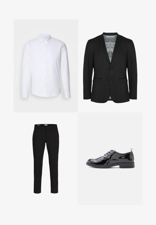 Schwarze Blazer mit schlanker Passform, einem einzelnen Knopfverschluss, zwei Fronttaschen und satinierter Fütterung. Glattes, strukturiertes Material mit klassischem Design.; Weißes Hemd mit langen Ärmeln und Knopfleiste aus glattem Stoff, mit klassischem Kragen, acht Knöpfen auf der Vorderseite und normalen Manschetten.; Schwarz schmale Hose mit Gürtelschlaufen, Vorderknopf und Reißverschluss, vor weißem Hintergrund präsentiert.; Schwarzer Lackleder-Herrenschuh mit abgerundetem Zehenbereich, Schnürung und flacher Gummisohle, versehen mit kleinem Absatz und Zuglasche.