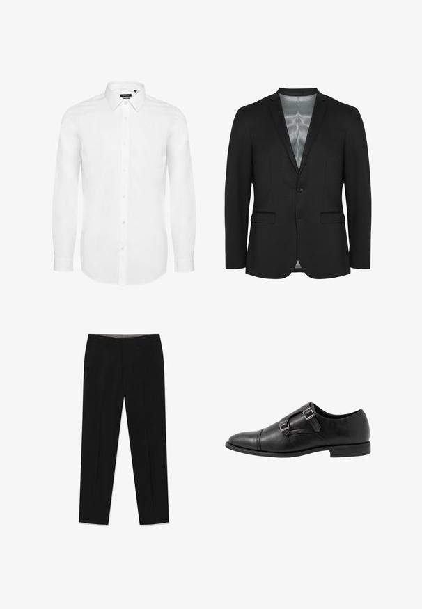 Blazer noir avec une coupe slim, fermeture à un bouton, deux poches frontales et doublure en satin. Tissu lisse et texturé avec un design classique.; Chemise blanche à manches longues en tissu tissé, avec un col à rabat, une patte de boutonnage à l'avant et des manches avec boutons. Design minimal.; Pantalon noir en tissu lisse, avec un devant plat, deux poches latérales et une coupe ajustée légèrement resserrée aux chevilles.; Chaussure monk strap en cuir noir avec deux boucles en argent, design à bout capteur, bout rond et semelle en caoutchouc de profil bas. Texture lisse, silhouette élégante.