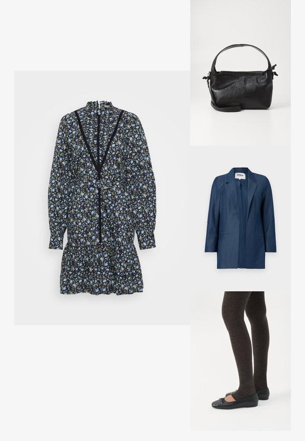 Mørkeblå damesblazer med slagkrave, lange ærmer og to forlommer, åbent design foran uden knapper.; Sort blomstret kjole med lange ærmer, flæset kant og høj halsudskæring. Har blå blomster og grønne detaljer, med blonderkant langs halsudskæringen.; Ben iført mørke ribbede leggings kombineret med sorte balletsko med små sløjfedetaljer på hvid baggrund.; Sort læderhåndtaske med et struktureret design, rund tophåndtag og aftagelig skulderrem. Den har en glat tekstur og en subtil glans.