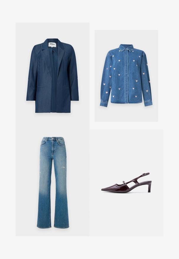 Blazer azul oscuro de mujer con cuello de solapa, mangas largas y dos bolsillos de ojal delanteros, diseño de frente abierto sin botones.; Camisa de mezclilla azul de manga larga con cuello, cierre frontal con botones y pequeños patrones de corazones bordados en rosa dispersos por la tela.; Jeans de mezclilla azul de talle alto con leve desgastes en los muslos, estilo de cinco bolsillos y diseño de pierna acampanada.; Zapato slingback de charol burdeos con punta puntiaguda, tacón bajo y doble correa ajustable con hebilla.