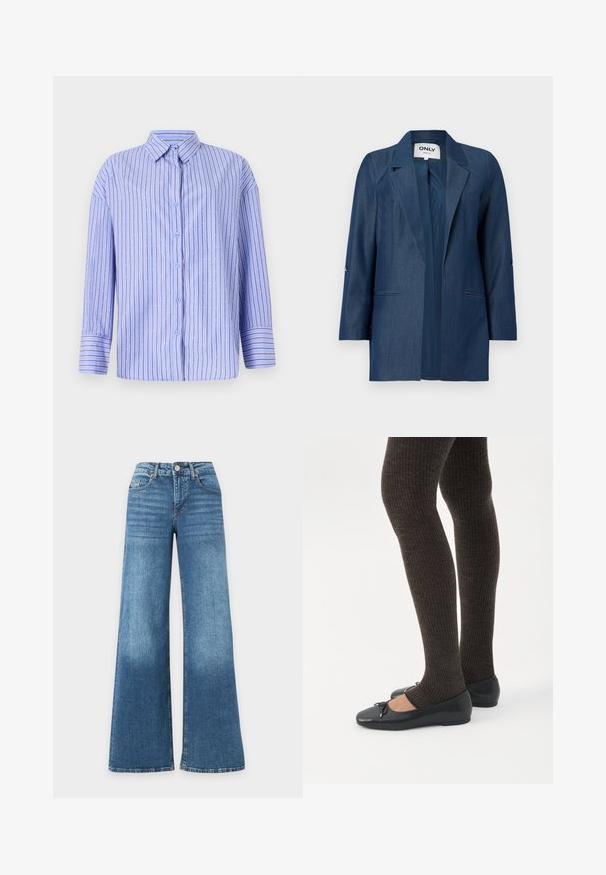 Donkerblauwe damesblazer met reverskraag, lange mouwen en twee voorzakken zonder klep, open voorkant zonder knopen.; Lichtblauwe button-up shirt met verticale strepen en stippenaccenten. Heeft een kraag, lange mouwen en een rechte snit. Zachte stof.; Blauwe high-waisted wijde jeans met knoop aan de voorzijde, ritssluiting, en voor- en achterzakken, getoond op een witte achtergrond.; Benen met donkere geribbelde leggings gecombineerd met zwarte ballerina's met kleine strikdetails op een witte achtergrond.