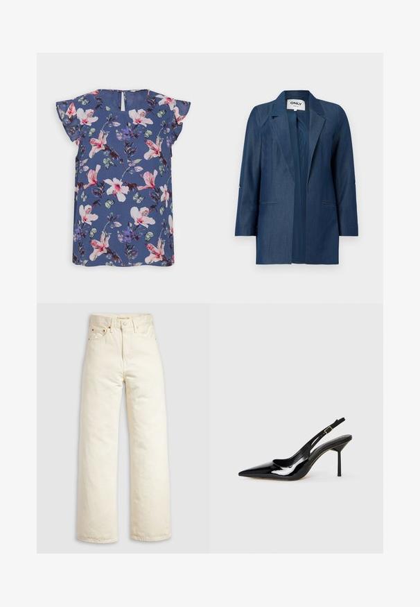Dunkelblauer Damenblazer mit Reverskragen, langen Ärmeln und zwei vorderen Leistentaschen, offenem Vorderteil ohne Knöpfe.; Blaue Bluse mit kurzen, rüschengestalteten Ärmeln, die mit rosa und weißen Blumen, grünen Blättern und kleinen Schmetterlingen auf leichtem Stoff verziert ist.; Jeans mit weitem Bein aus offweißem Denim, mit hohem Bund, kupferfarbenen Nieten und klassischem Fünf-Taschen-Design. Strukturierter Stoff mit sauberen Säumen.; Schwarzer Lackleder Slingback-Pumps mit spitzem Zehenbereich und Stiletto-Absatz, dünnem Riemen und goldener Schnalle auf weißem Hintergrund.