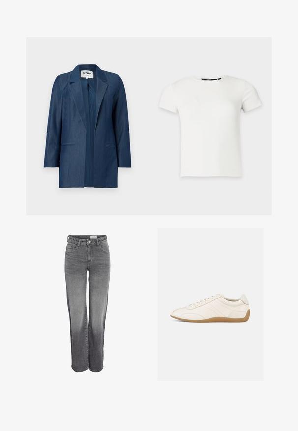 Mørkeblå damesblazer med slagkrave, lange ærmer og to forlommer, åbent design foran uden knapper.; Hvid kortærmet ribstrikket t-shirt med rund halsudskæring, vist på en ensartet lys grå baggrund.; Grå denimjeans med høj talje og lige ben, foran med knaplukning, bæltestropper og falmet effekt på lår og knæ.; Hvid lædersneaker med en glat tekstur, rund tå og tonale syninger. Har en tanfarvet gummisål og snørebånds-lukning.