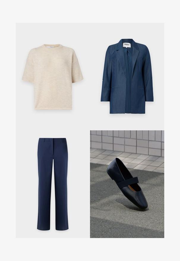 Mørkeblå damesblazer med slagkrave, lange ærmer og to forlommer, åbent design foran uden knapper.; Kortærmet beige striktrøje med rund halsudskæring, blød tekstur og afslappet pasform. Har subtile farvevariationer i hele stoffet.; Marineblå bukser med lige ben, bæltestropper og skjult fronlukning, vist mod en lys baggrund.; Sort læder flad sko med rund tå, der har en blød sort elastisk strop over vristen. Glat tekstur og minimalistisk design.