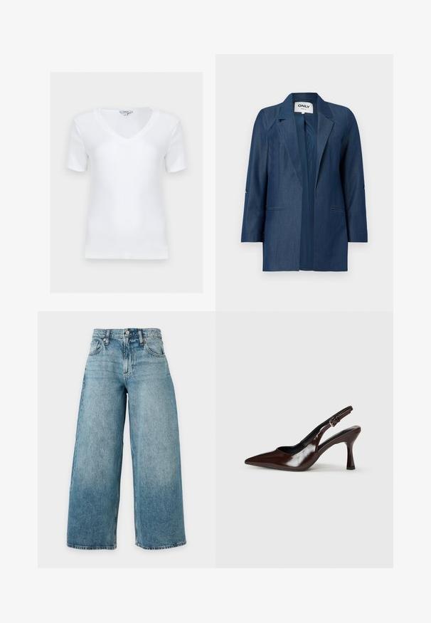 Blazer pour femme bleu foncé avec col à revers, manches longues, deux poches avant passepoilées, design à ouverture sans boutons.; Haut blanc à manches courtes côtelé avec col en V et coupe ajustée, présenté à plat sur un fond clair.; Jean en denim bleu clair taille haute à jambe large, cinq poches, passants de ceinture et braguette à boutons, présenté sur un fond uni.; Talons slingback en cuir verni brun avec un bout pointu, un talon fin, et une sangle réglable avec une petite boucle.
