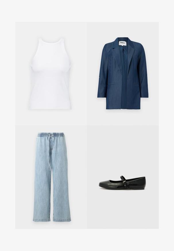 Mørkeblå damesblazer med slagkrave, lange ærmer og to forlommer, åbent design foran uden knapper.; Hvid ærmeløs tanktop lavet af ribbet stof, med en rund halsudskæring og en tætsiddende silhuet, med minimale sømme og ingen pynt.; Lyseblå viddeben denimbukser med elastisk talje og snøre, forlommer og en afslappet pasform.; Sorte læder balletflade med rund tå, flad sål og en tynd justerbar rem over svangen med en metalspænde.