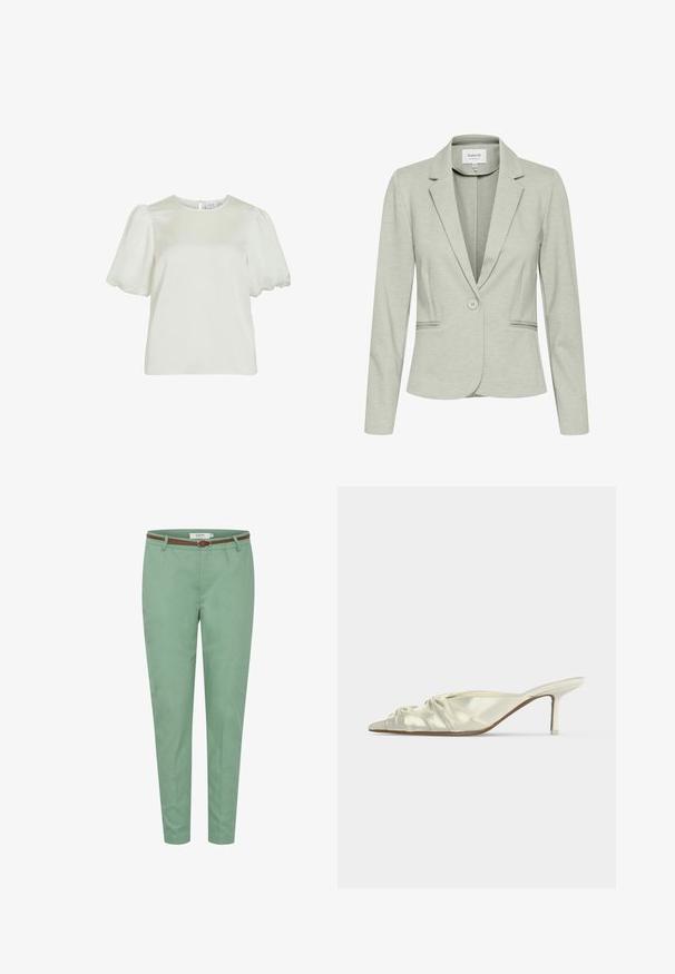 Lys grå blazer lavet af blødt stof, med klapkrave, enkelt knaplukning og to forlommer. Struktureret overflade, tætsiddende design.; Hvid kortærmet bluse med rund halsudskæring og puffede ærmer, med knappelukning bagpå.; Slank mintgrønne bukser med et smalt brunt bælte, forrest lynlås og bæltestropper, vist mod en hvid baggrund.; Hvide satin mule med spids tå, rynkede detaljer og en slank mellemhøj hæl på ensfarvet baggrund.