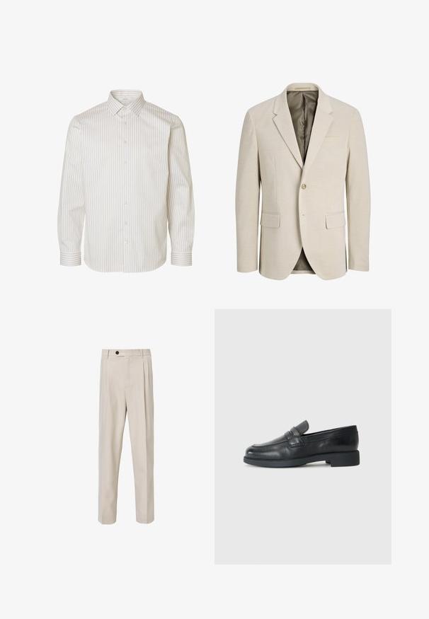 Beige herenblazer met een knoop, met inkeping revers, twee voorzakken met klep en een binnenvoering met een subtiel gestippeld patroon.; Wit overhemd met lange mouwen en beige verticale strepen, knoopsluiting aan de voorkant, puntige kraag en knoopmanchetten.; Beige op maat gemaakte broek met een recht model, voorzien van voorplooien, een knoopsluiting en een gladde stofstructuur.; Zwarte leren penny loafer met lage hak, ronde neus en een banddetail over de bovenzijde, zijaanzicht op een witte achtergrond.