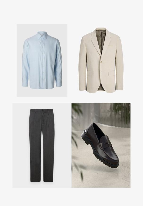 Beiger Herrenblazer mit einem Knopf, mit Kerbklappen, zwei Vordertaschen mit Klappen und einem Innenfutter mit feinem Punktmuster.; Helles blaugraues Langarmshirt aus weichem Stoff, mit klassischem Kragen und knöpfbarem Vorderteil mit sechs passenden Knöpfen.; Graue maßgeschneiderte Hose mit geradem Bein, ausgestattet mit einer Bügelfalte, Reißverschluss und Knopfverschluss. Glatte Textur, klassisches Design.; Braune Leder-Loafers mit einer strukturierten, geriffelten Gummisohle. Sie zeichnen sich durch ein schlankes Design und einen dekorativen Riemen über dem Spann aus.