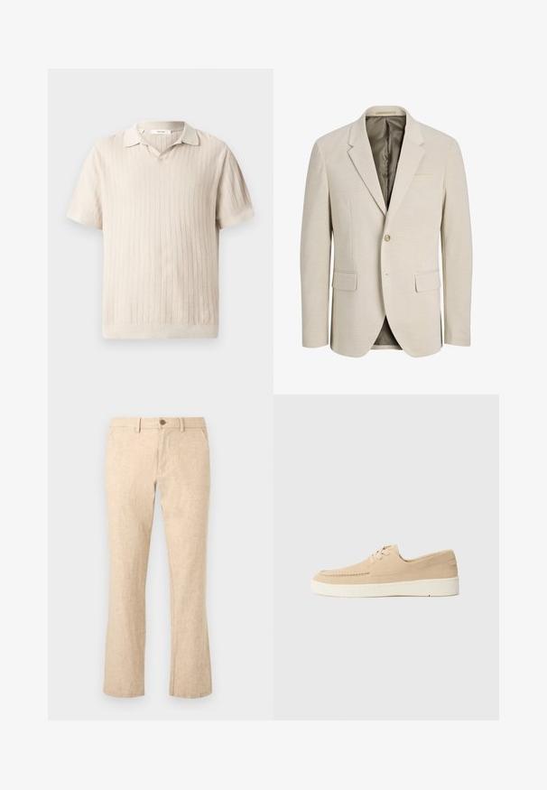 Blazer beige pour homme à un bouton, avec revers crantés, deux poches avant à rabats et doublure intérieure à motif discret de petits points.; Polo en tricot beige à manches courtes avec un motif côtelé vertical texturé et un petit col.; Pantalon en lin beige à coupe droite avec fermeture par bouton et zip, passants de ceinture et poches avant sur fond blanc.; Chaussures en daim beige à lacets avec une semelle en caoutchouc blanche. Présentent un design cousu et une coupe basse, offrant un style simple et minimaliste.