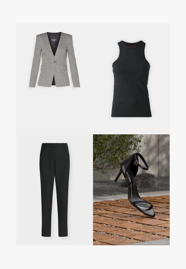 Patrizia Pepe GIACCA JACKET - Blazer - fantasy pied de poul; Sort ærmeløs tanktop lavet af strækbart stof. Har en rund hals og en tætsiddende silhuet med minimale syninger.; Sorte, tætsiddende bukser med bæltestropper, forlynlås og lige ben, vist mod en hvid baggrund.; Sort højhælet sandal med ankelsnor, der ser ud til at svæve over et trægulv udendørs med sløret grønt og sten i baggrunden.