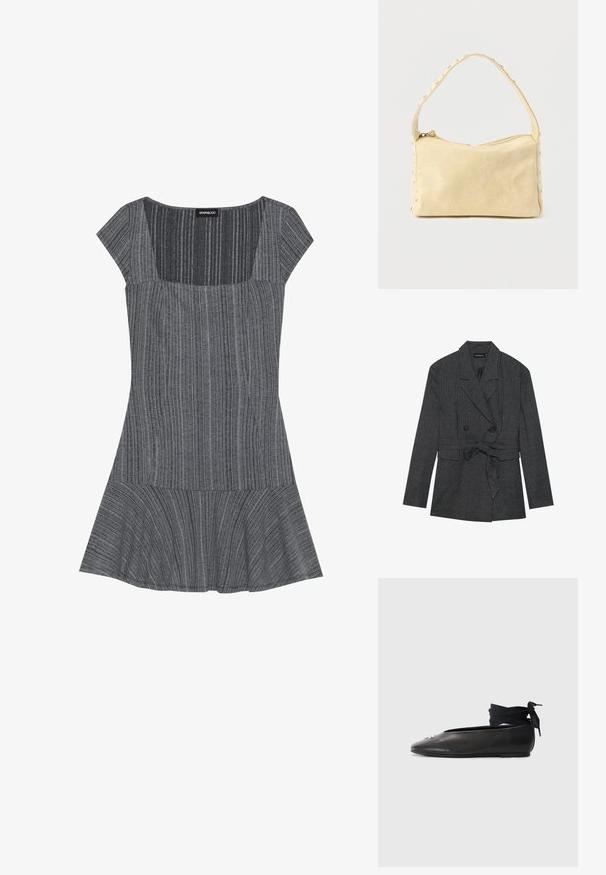 Blazer a cuadros en negro y gris con diseño de doble botonadura, cinta en la cintura, solapas de muesca y dos bolsillos frontales. Acabado de tela texturizada.; Vestido gris a rayas con mangas cortas, escote cuadrado y dobladillo acampanado. Hecho de una tela texturizada, presenta un diseño de rayas verticales.; Bailarina de cuero negro con puntera afilada, que cuenta con un lazo de tela trenzada en el tobillo y un pequeño acento decorativo en la puntera.; Pequeño bolso de cuero beige con una sola correa y tachuelas plateadas a lo largo de los bordes y la correa, sobre un fondo liso.