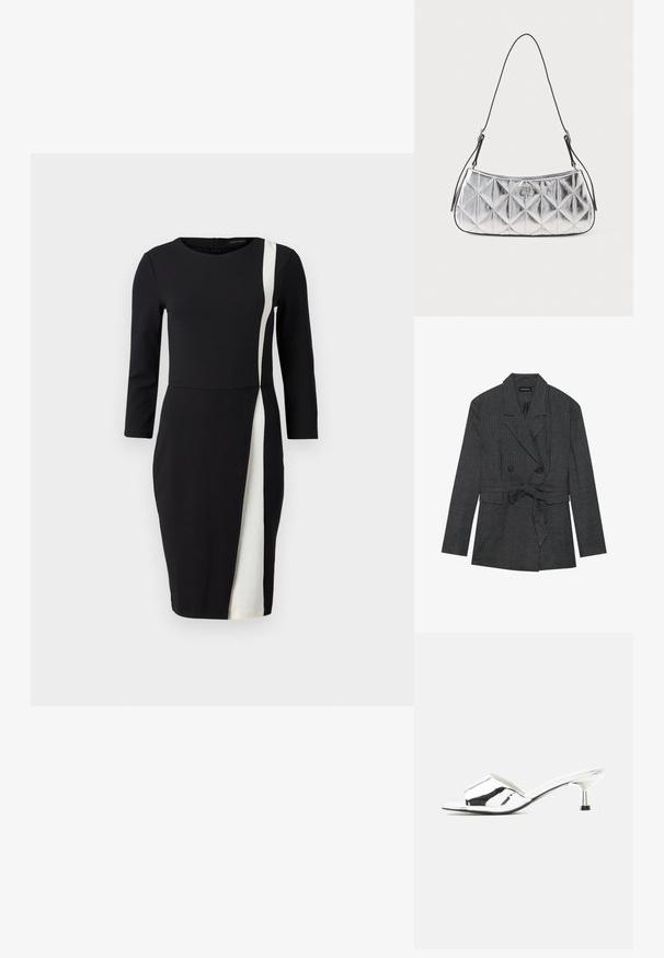 Sort og grå ternet blazer med dobbeltradet design, taljebånd, notch revers og to forlommer. Struktureret stoffinish.; Sort kjole med trekvartærmer, der har en hvid diagonalt stribe. Fremstillet af glat stof, tætsiddende talje og knælangt design.; Sølvfarvet åben tå slide sandale med lav kitten-hæl og skinnende metallisk finish på neutral baggrund.; Metallic sølv skuldertaske med en quiltet design, glat overflade og justerbar sort strop. Har en lille logo detalje foran.