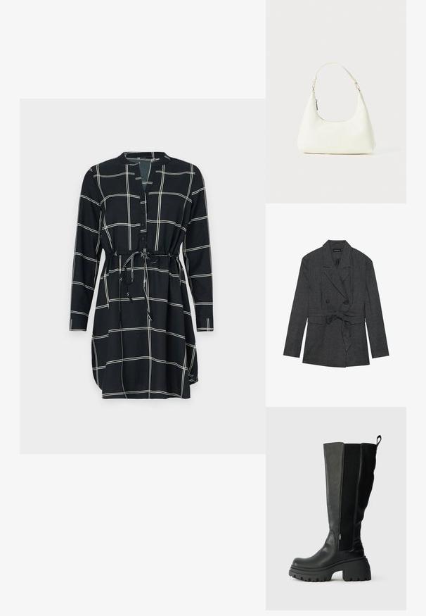 Sort og grå ternet blazer med dobbeltradet design, taljebånd, notch revers og to forlommer. Struktureret stoffinish.; Sort kjole med et gittermønster i hvid, lange ærmer, knaplukning foran og beltedolkning for justerbar pasform. Glat stoftekstur.; Sorte knæhøje støvler lavet af læder med et struktureret panel, en tyk platformssål og en pull-tab bagpå for nem påtagning.; Lille hvid skuldertaske med en enkelt justerbar rem og en lynlåslukning, sat mod en ensfarvet hvid baggrund.