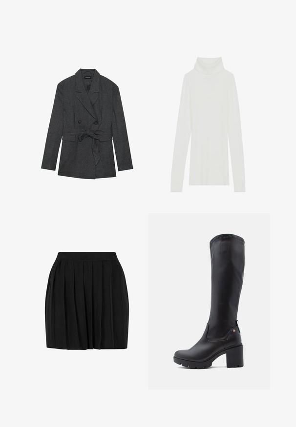 Blazer à carreaux noir et gris avec un design croisé, ceinture à la taille, revers crantés et deux poches avant. Fini en tissu texturé.; Pull à col roulé blanc côtelé avec des manches longues, texture douce, et un col roulé haut, doté d'une coupe ajustée et sans fermetures visibles.; Jupe plissée noire en tissu doux, dotée d'une taille élastique et d'une silhouette évasée. Texture lisse avec des plis espacés uniformément.; Bottes noires montantes en cuir lisse avec un bout carré, un talon épais et une semelle en caoutchouc texturé. Présente un détail de logo discret.