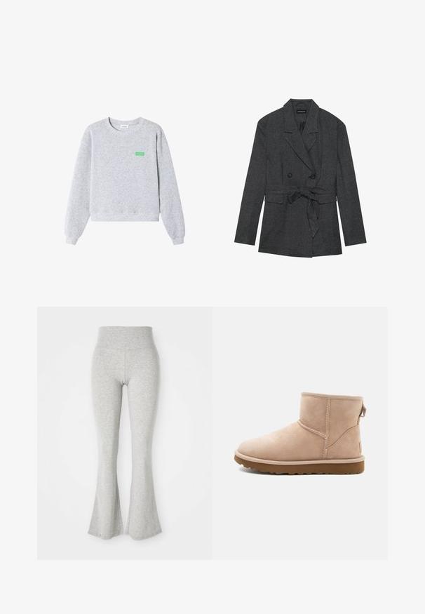 Schwarz-grauer karierter Blazer mit doppelter Knopfleiste, Taillengürtel, Reverskragen und zwei Vordertaschen. Strukturierte Stoffoberfläche.; Hellgrauer Sweatshirt mit Rundhalsausschnitt und langen Ärmeln, gerippten Bündchen und Saum sowie kleinem grünen "American Vintage"-Text auf der linken Brust.; Graue, ausgestellte Leggings aus weichem Material, mit einem elastischen Bund und einer glatten Textur, die am Saum zur Ausstülpung hin auslaufen.; Beige Wildleder-Ankle Boot mit runder Zehenform, gesteppten Akzenten und einer strukturierten braunen Gummisohle. Mit einem Zugband an der Rückseite.