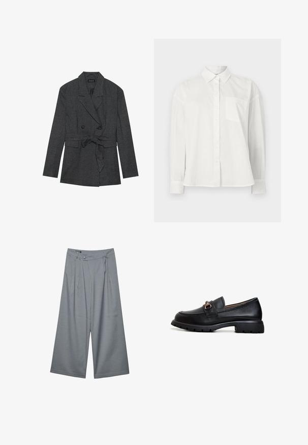 Sort og grå ternet blazer med dobbeltradet design, taljebånd, notch revers og to forlommer. Struktureret stoffinish.; Hvid skjorte med knapper, lange ærmer, krave med bredt opslag, enkelt brystlomme, lavet af glat bomuldsstof, med lige kant forneden.; Grå bukser med vide ben og et diskret nålestribemønster, med bæltestropper, for- plisseringer, knap og lynlås.; Sort læder loafersko med rund tå, dekorativt guldsmykke og en robust gummisål med et struktureret grebmønster.