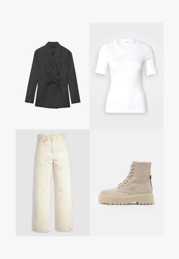 Schwarz-grauer karierter Blazer mit doppelter Knopfleiste, Taillengürtel, Reverskragen und zwei Vordertaschen. Strukturierte Stoffoberfläche.; Weißes T-Shirt mit kurzen Ärmeln aus glattem Baumwollstoff, mit rundem Ausschnitt und figurbetonter Form. Klassisches Design, ohne Muster oder Akzente.; Jeans mit weitem Bein aus offweißem Denim, mit hohem Bund, kupferfarbenen Nieten und klassischem Fünf-Taschen-Design. Strukturierter Stoff mit sauberen Säumen.; Beige Wildleder-Stiefelette mit Plattformsohle, Schnürung vorne und einem seitlichen Reißverschluss. Verfügt über gestickte Details und eine strukturierte Sohle.