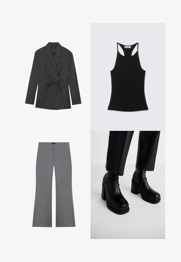 Zwart en grijs geruite blazer met een dubbelzijdig ontwerp, tailleband, notch-lapels en twee voorzakken. Textuur afgewerkte stof.; Zwarte mouwloze racerback tanktop met "WEEKDAY" label op de bovenrug, getoond tegen een lichtgrijze achtergrond.; Grijze uitlopende broeken met een gladde textuur, voorzien van een hoge taille en een strakke vormgeving. Geen zichtbare patronen of metalen details.; Zwarte leren platform enkellaarsjes met een hoge blokhak en een gladde textuur. Voorzien van stikdetails en een aansluitend bovenstuk.