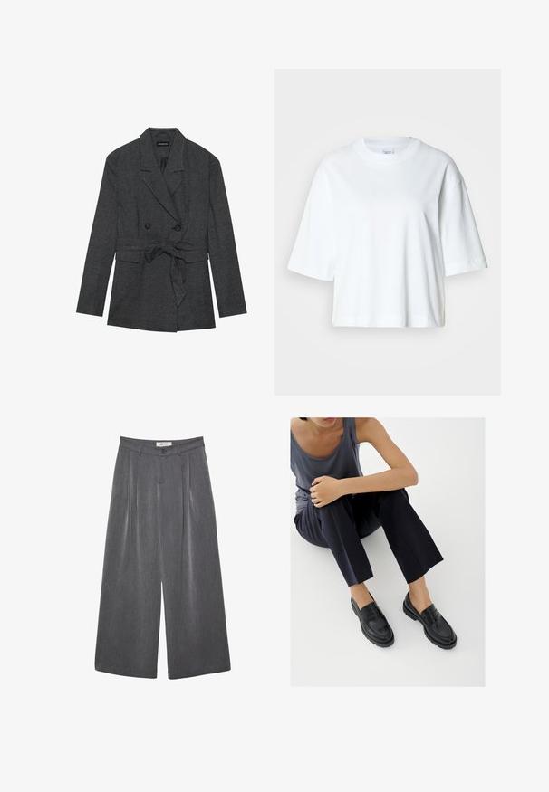 Blazer à carreaux noir et gris avec un design croisé, ceinture à la taille, revers crantés et deux poches avant. Fini en tissu texturé.; T-shirt blanc court à manches courtes, col rond, en coton doux, avec un design simple et épuré.; Pantalon gris à jambes larges avec plis, confectionné dans un tissu doux. Dispose d'une fermeture à boutons et d'une taille cintrée.; Mocassins en cuir noir avec accents texturés, talon bas, bout arrondi, et coutures visibles. Modèle portant un pantalon sombre et un haut gris.