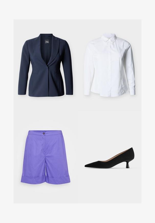 Donkerblauwe op maat gemaakte damesblazer met eenknopsluiting, revers met inkeping, lange mouwen en voorzakken met split.; Witte blouse met lange mouwen, knoopsluiting, scherpe kraag en getailleerde taille, afgebeeld tegen een lichte achtergrond.; Paarse katoenen shorts met een rechte voorkant, enkele knoopsluiting en omgeslagen zoom. Glad oppervlak zonder zichtbare patronen.; Zwarte damespump met lage hak, puntige neus, smalle, uitlopende kittenhak en een gladde matte afwerking, zijaanzicht.