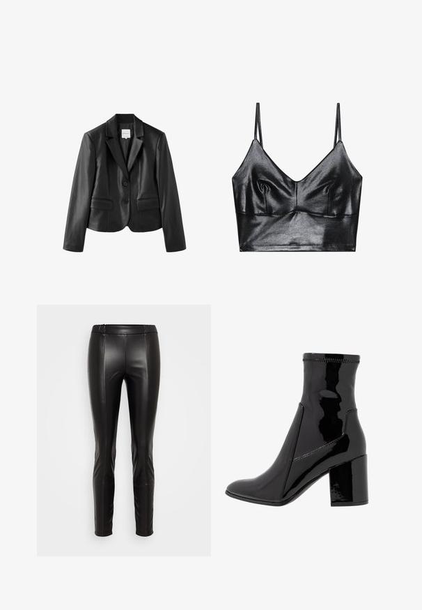 Blazer cintré en similicuir noir avec revers crantés, deux boutons, manches longues et deux poches à rabat devant sur fond blanc.; Bralette noire et brillante avec des fines bretelles réglables, présentant un décolleté en V, une texture lisse et un léger plissé au niveau de la poitrine pour la forme.; Leggings en simili cuir noir avec une taille élastique, une silhouette ajustée, une texture lisse et des coutures décoratives descendant à l'avant.; Bottine noire en vernis avec une texture lisse, bout pointu et un talon bloc structuré. Caractérisée par un design sans fermeture éclair et des coutures contrastées.
