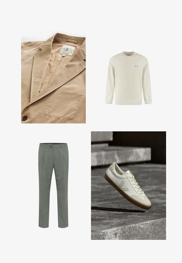 Beige Blazer mit Reverskragen, Ein-Knopf-Verschluss und einer Brusttasche. Gefertigt aus einem glatten Stoff mit subtiler Textur. Markenlabel sichtbar.; Cremfarbener Pullover aus weichem Stoff, mit rundem Ausschnitt, langen Raglanärmeln und der Aufschrift "Balenced" auf der Brust gestickt.; Maßgeschneiderte grüne Hosen mit strukturierter Oberfläche, ausgestattet mit einem einzelnen Knopfverschluss und einem gefältelten Vorderdesign. Gerader Beinabschluss.; Weiße Leder-Sneaker mit beige-gummiartiger Sohle, flachen Schnürsenkeln und V-förmigem Akzent an der Seite. Verfügt über eine glatte Oberfläche und minimale Nahtdetails.