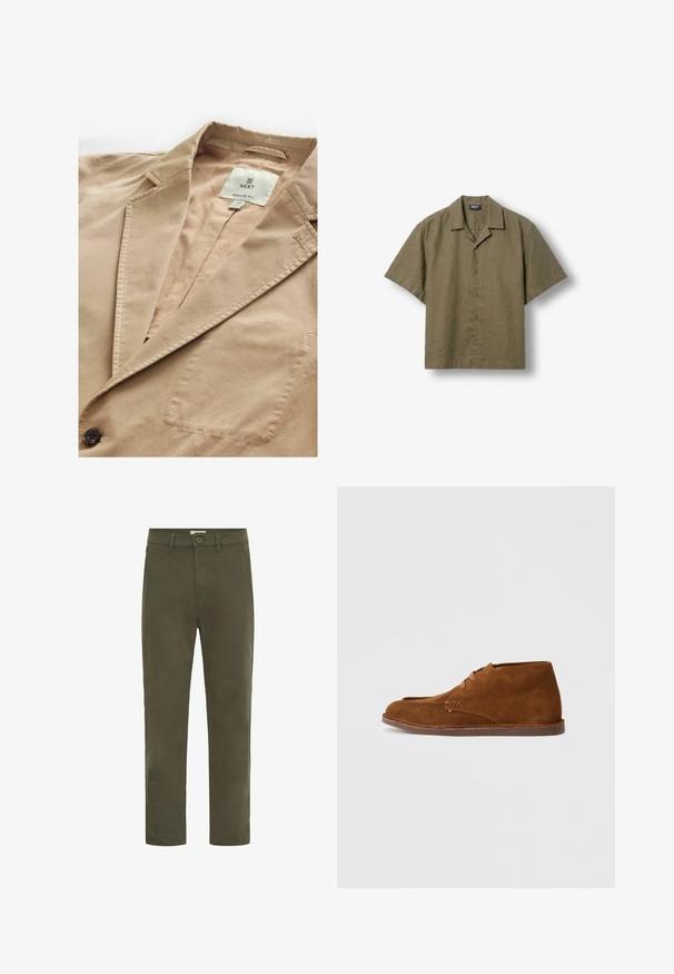 Beige blazer med notch krave, enkelt knaplukning og brystlomme. Lavet af et glat stof med subtil tekstur. Mærkeetiket synlig.; Kortærmet olivengrøn skjorte med knapper og camp-krave, vist fladt på en lys baggrund.; Herregrønne casual bukser med lige ben, knaplukning og bæltestropper, designet til hverdagsbrug.; Brune ruskind ankelstøvler med rund tå, brune snørebånd og kontrasterende syninger langs sålen og overdelen.