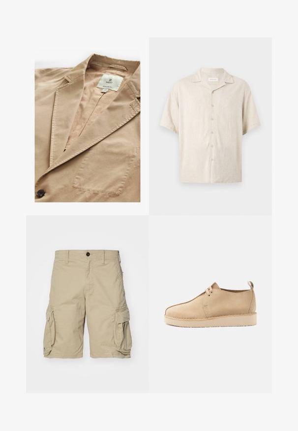 Blazer beige avec col à revers, fermeture à un bouton, et poche poitrine. Fabriqué à partir d'un tissu lisse avec une texture subtile. Étiquette de marque visible.; Chemise beige à manches courtes avec col camp, boutons devant et coupe décontractée, en tissu léger.; Shorts cargo beiges en tissu de coton, avec des poches latérales, une fermeture à bouton et une coupe droite. Textures lisses.; Chaussure beige en daim à lacets avec bout arrondi, semelle épaisse, et languette de tirage au talon, présentée de profil sur un fond blanc.