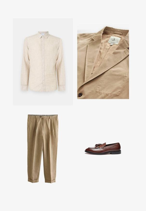 Beige Blazer mit Reverskragen, Ein-Knopf-Verschluss und einer Brusttasche. Gefertigt aus einem glatten Stoff mit subtiler Textur. Markenlabel sichtbar.; Beige Langarmhemd aus strukturiertem Stoff, mit klassischem Kragen, Knopfverschluss und lässiger Passform.; Beige plissierte Hose mit Seitentaschen, Knopfverschluss, umgeschlagenen Säumen und taillierter Passform.; Braune Lederloafers mit glatter Oberfläche, dekorativen Quasten, einer abgerundeten Spitze und einer niedrigen schwarzen Gummisohle.