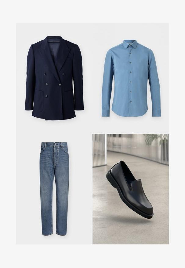 Marineblauwe dubbelgebreide blazer, met een textuurstof, gestructureerde revers, twee grote voorzakken en zes zwarte knopen.; Heren overhemd met lange mouwen in effen lichtblauw met knopen aan de voorkant en een puntige kraag, getoond op een effen achtergrond.; Blauwe denim jeans met rechte pijpen, hoge taille, knoopsluiting aan de voorkant en vijfzakkenontwerp op een effen lichte achtergrond.; Zwarte leren instapschoen met een ronde neus, verhoogd voorpaneel en een gestructureerde rubberen zool, geplaatst op een gladde vloer.
