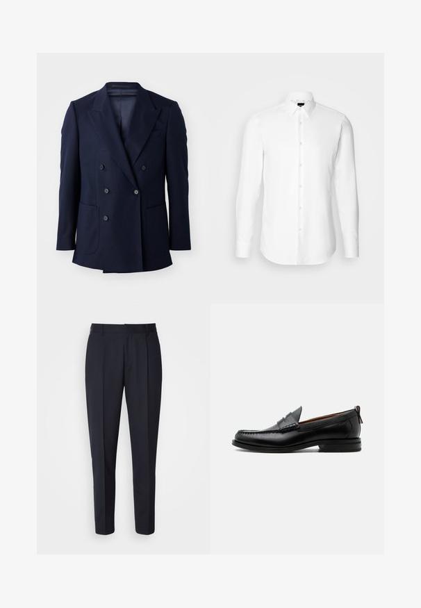 Blazer bleu marine croisé, avec un tissu texturé, des revers en pointe, deux grandes poches avant et six boutons noirs.; Chemise blanche à manches longues, boutonnée sur le devant, col classique, fabriquée en tissu lisse avec une texture subtile, conçue pour une coupe ajustée.; BOSS PERIN - Pantalon classique - navy; Mocassin homme en cuir noir avec couture moc toe, bride penny, col texturé et petit talon empilé sur fond blanc.