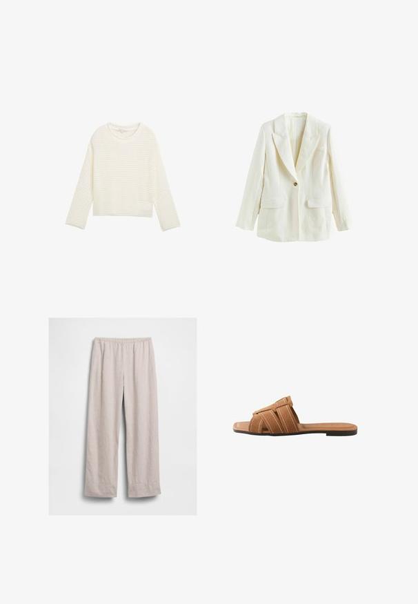 Enkeltknappet, langærmet, off-white blazer med notched revers og to forlommer med klap.; Hvid, cropped sweater med et tekstureret, strikket mønster, rund halsudskæring og lange ærmer. Blødt stof med en afslappet pasform.; Lysebeige løstsiddende bukser med elastisk taljebånd, lige ben og ingen synlige lommer, vist fladt mod en hvid baggrund.; Brun ruskinds flad slip-sandal med tre hvid-syede stropper over foden og en sort sål.