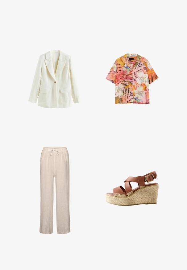 Blazer de un solo botón, manga larga, color blanco hueso, con solapas en muesca y dos bolsillos delanteros con solapa.; Camisa de manga corta con botones y patrones vibrantes de flores y hojas tropicales en tonos rosa, naranja, blanco y verde.; Pantalones de lino en beige claro con cintura elástica y cordón, que presentan un corte relajado y diseño de pierna recta.; Sandalia cuña de cuero marrón con tiras entrecruzadas, hebilla dorada y suela de plataforma beige tejida.